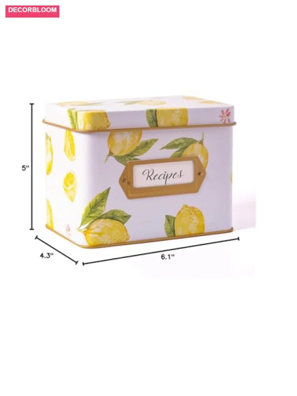 Lemon Recipe Box with 50 4x6 Cards & 12 Dividers Metal Hinged Lid